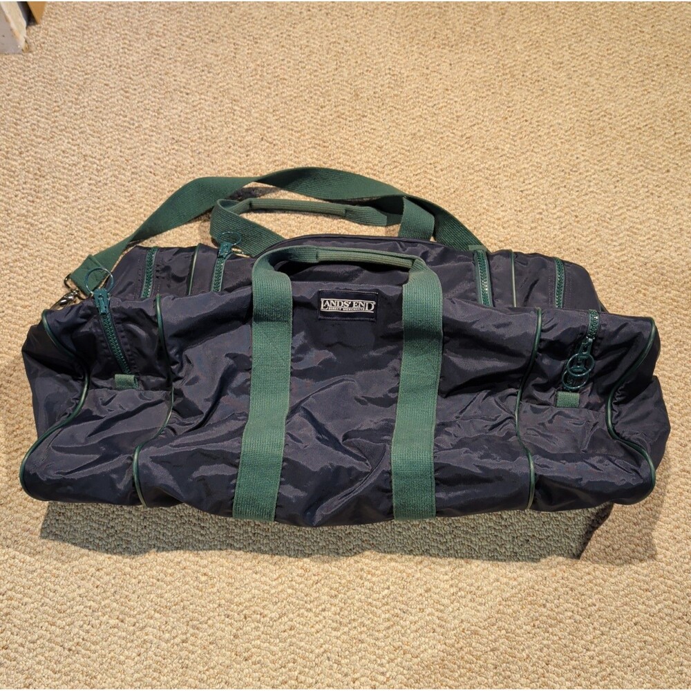 Vintage Lands End Nylon Duffle Bag 28" Long Blue Green Travel Double Handle